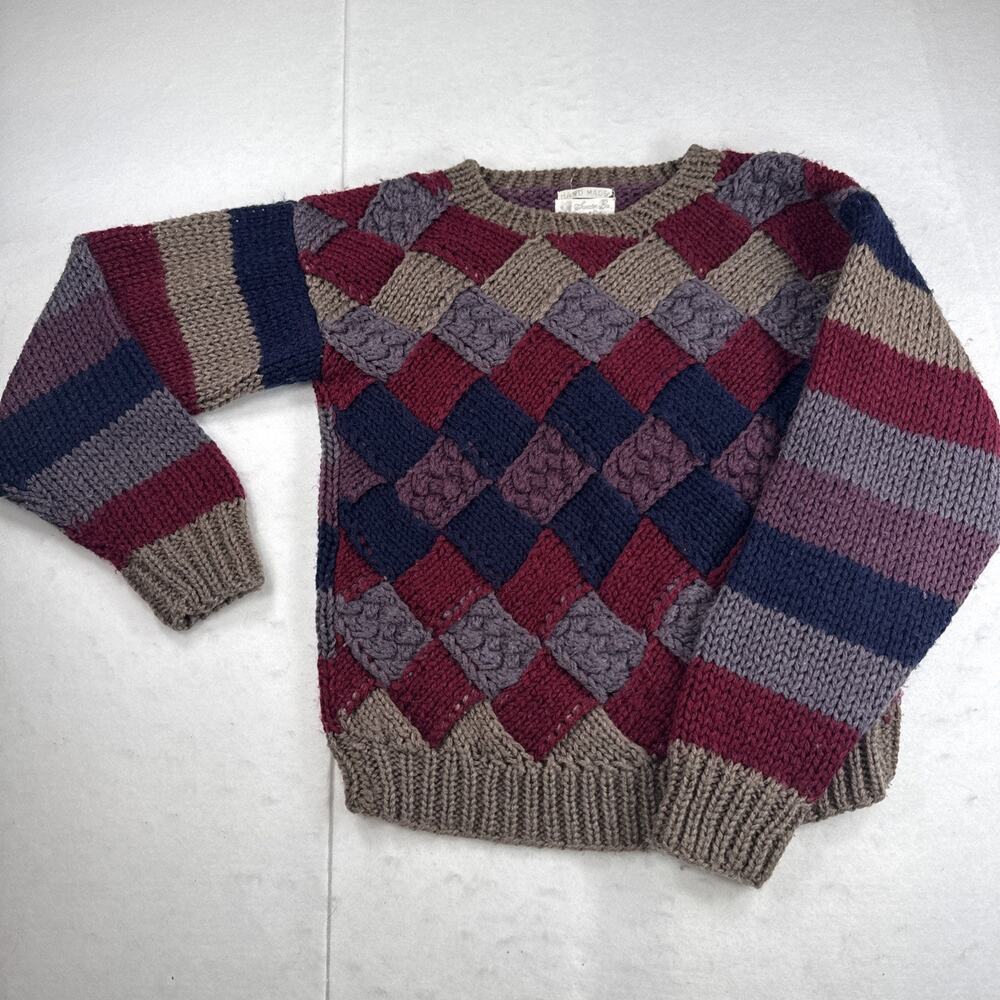 Rare VTG Sweater Bee by Banff Hand Made Basketweave Knit Sweater Colorblock Sz S